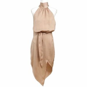 Stylestalker DUSTY PINK SATIN HALTER ASYMMETRICAL MIDI FORMAL EVENING DRESS - S